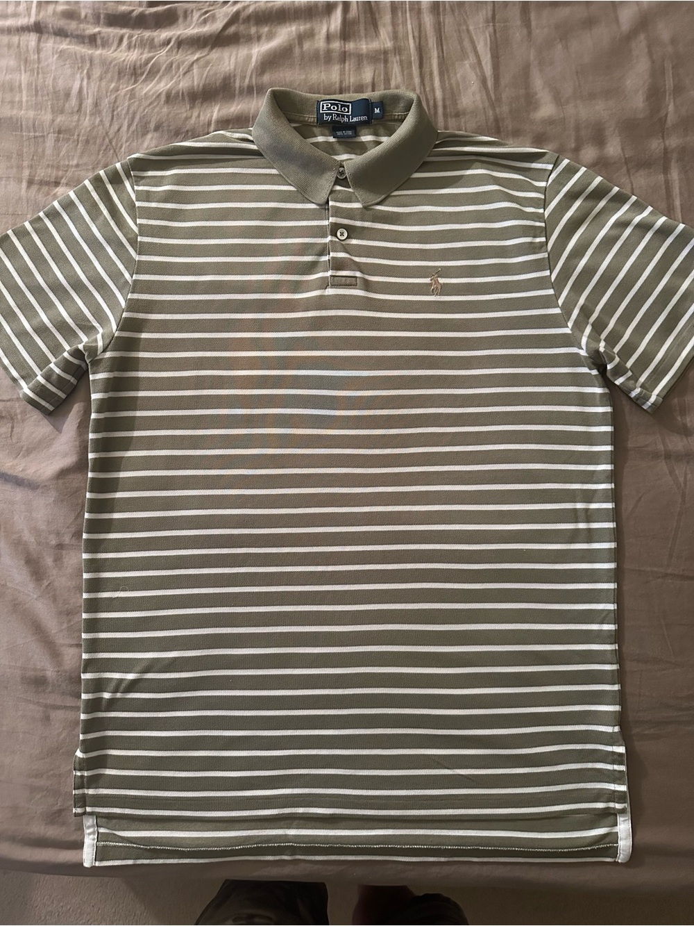 POLO RALPH LAUREN STRIPED COTTON SHIRT - MEDIUM - OLIVE W/WHITE STRIPES